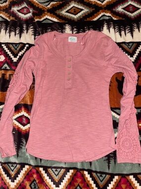 Pink Lace-Sleeve Henley Women's Top